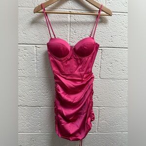 NWT TIMELESS ROMANCE Ruched Asymmetric Satin Mini Dress in Pink US Size 0